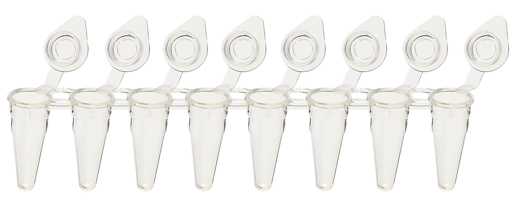 0.1mL UltraFlux i 8-Strip tubes with Individually Attached Hinge Caps, Clear - Uniscience Corp.